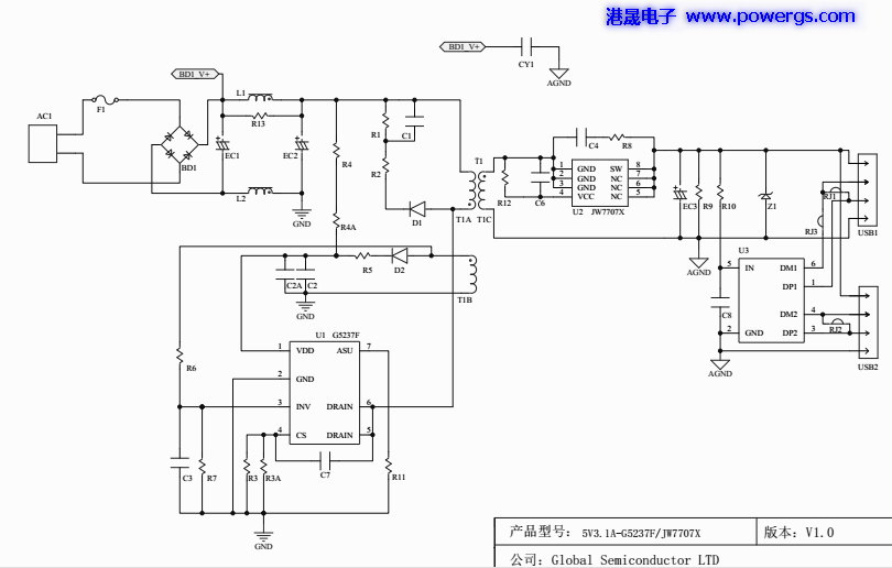 5V 3.1A USB solution circuit diagram BOM list, Global Semi. G5237F